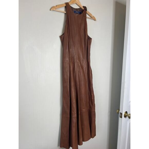 NEW Polo Ralph Lauren Sleeveless Fit and Flare Leather Dress Brown Size: 4 - Picture 3 of 7